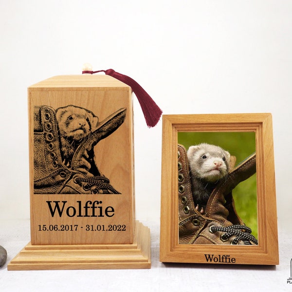 Ferret urn, Customize  Ferret Urn with frame, Weasel Urn, Custom Dog Urn, Keepsake Wood Box, Engraved ,Engraved, Big size