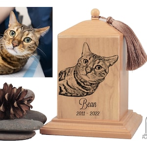 Gegraveerde houten kattenurn, aangepast huisdiergedenkteken, kattenasdoos