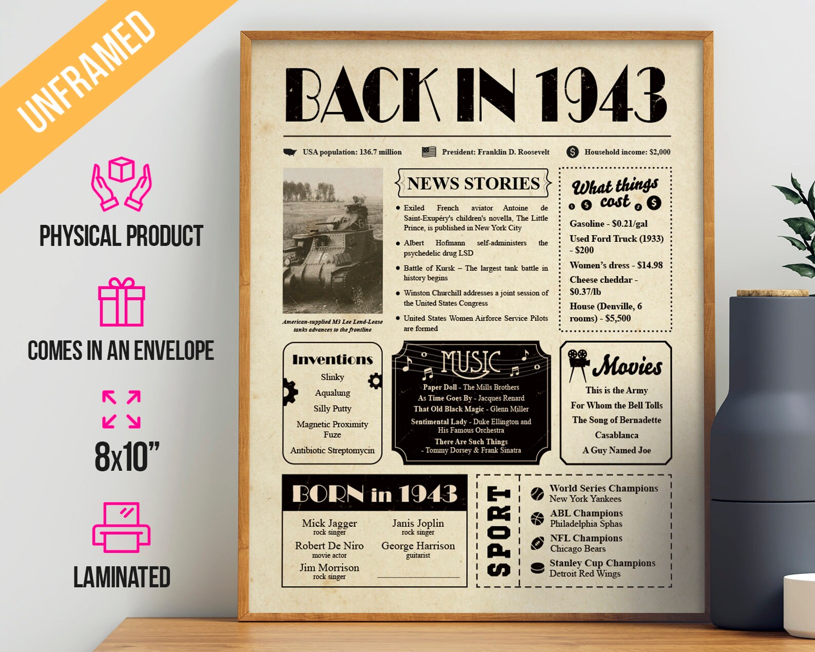 En 1943 Poster Newspaper Unframed 8x10 // 78th Birthday Gifts Etsy