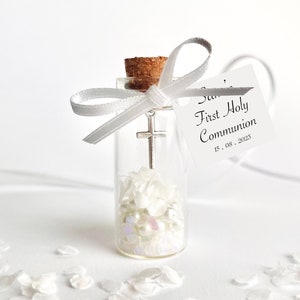 White First Holy Communion Favour with Cross Charm | White Confetti and Pearls in Tiny Bottle |First Holy Communion Keepsake| Baptism Favour