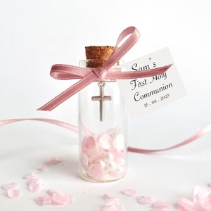 Girl First Holy Communion Favour with Cross Charm | Pink Confetti and Pearls in Tiny Bottle | First Holy Communion Keepsake |Baptism Favour