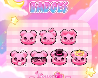 Kawaii Pink Bär Anstecker - Süßes premade P2U Pack für Twitch-Abonnent, Bit, Channel Points Badges & Emotes Icon