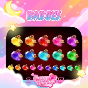 May include: A collection of 18 colorful potion bottle badges with various symbols, including a star, key, crown, heart, sword, and skull. The badges are arranged in three rows of six on a dark background. The text "BADGES" is displayed in a light blue font at the top of the image.