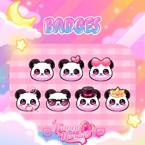 Kawaii Panda Bear Badges - Lindo paquete P2U prefabricado para suscriptor de Twitch, bit, insignia de puntos de canal e icono de Emotes
