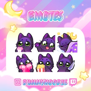 Cute Twitch Emote Pack - Premade Black/Purple Kawaii Cats with Green Eyes