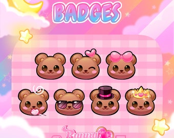 Kawaii Teddy Bear Badges - Cute Premade P2U Pack for Twitch Subscriber, Bit, Channel Points Badge & Emote