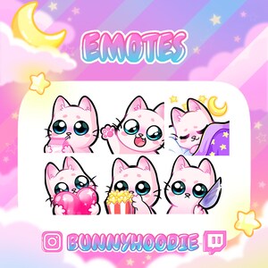 Cute Twitch Emote Pack - Premade Pink/White Kawaii Cats with Blue Eyes