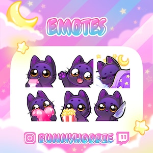 Cute Twitch Emote Pack - Premade Black/Purple Kawaii Cats with Gold/Brown Eyes