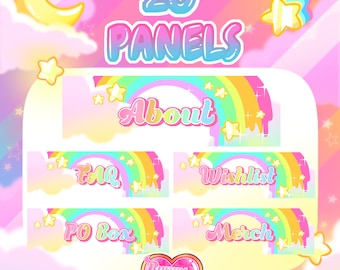 Kawaii Retro Starry Rainbow Pastel Panels - 20 Twitch Panels Ready to Use Premade Transparent P2U Set Aesthetic Dreamy