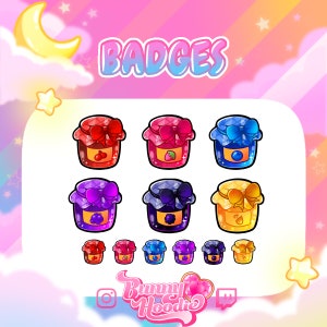 Könnte beinhalten: Ein Satz von neun bunten Glas-Abzeichen mit verschiedenen Fruchtdesigns. Die Abzeichen sind mit "BADGES" beschriftet und haben ein rosa, blaues und gelbes Farbschema. Die Abzeichen sind für den Twitch-Kanal "Bunny Hoodie".