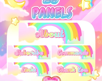 May include: A set of 20 colourful Twitch panels with a rainbow and cloud design. The panels include text such as "About", "Subscribe", "Commands", "Links", and "Thank You".