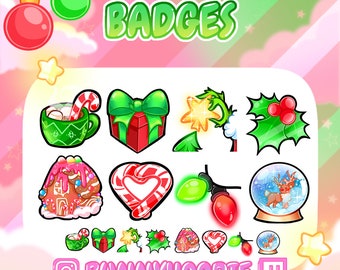Cute Christmas Badges - Twitch Subscriber, Bit, Channel Points Badge Pack Premade P2U Kawaii Holiday Snowglobe Gingerbread House Hot Cocoa