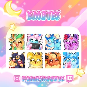 May include: A set of nine animated emotes featuring various Pokemon characters. The emotes are designed in a cute and colourful style, with each character displaying a different expression or action. The emotes are arranged in a grid format, with the text "EMOTES" displayed above the grid. The text "BUNNYHOODIE" and a Twitch logo are displayed below the grid.