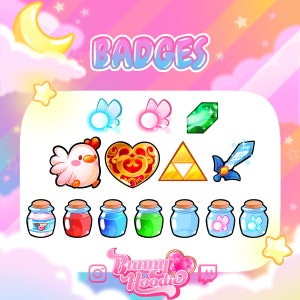 Kawaii Zelda Badges - Cute Premade P2U Pack for Twitch & Discord Emotes / Badges Fairy Fantasy RPG