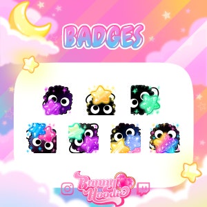 May include: A set of 7 colorful badges featuring a black fluffy character with a star. The badges are labeled "BADGES" and have a pink, yellow, and blue background.