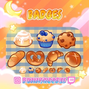 Puede incluir: Un conjunto de insignias de panadería de estilo caricatura, que incluyen un rollo de canela, un muffin de arándanos, una galleta con chispas de chocolate, una barra de pan, un pretzel, un cruasán y un pan redondo. La palabra "BADGES" está escrita en amarillo.