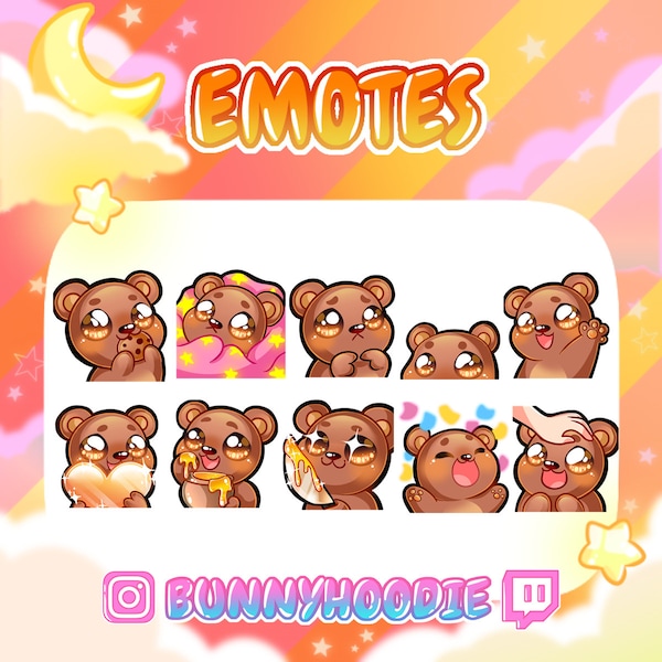 10 Kawaii Bear Twitch Emotes - P2U Emote Premade Pack Cute Honey Bears voor Twitch en Discord