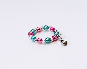 Beaded Reborn Baby Charm Bracelet - Teal And Pink Iridescent Pearls w/Silver Spacers & Silver Heart Charm