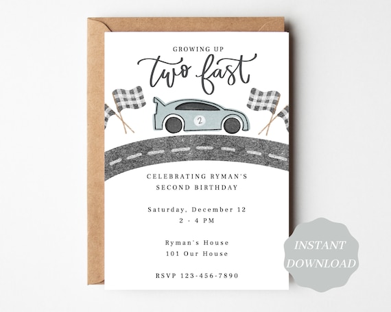 Two Fast Second Birthday Invitation Growing up Two Fast Race 