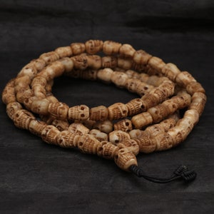 108 Skull Beads / Yak Skeleton Bone Prayer Bead Japa Mala/  Brown Skull Beads Necklace / Kapala Yoga Meditation Made of Recycled Bone Beads