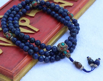 Genuine Lapis Lazuli - Agate Bead Mala - December & Libra Zodiac Birthstone - 8mm Beads - 15mm Guru Bead - 23" Length - Blue Stone Necklace