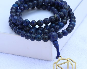 #044 Lotus Flower Om Blue Mala BLUE LAPIS Mala Bead Necklace with Sterling Silver OM Charm Meditation Necklace Yoga Inspired Jewelry