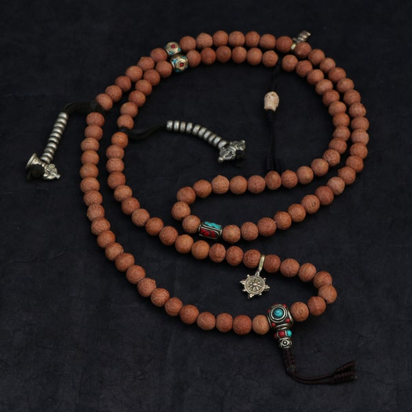 Nepal Authentische Bodhi Samen Mala - 10,5-11mm Perlen, eingelegtes Messing, und Yak-Knochenschädel - Phoenix Eye Bodhi - Handgefertigt in Nepal - Yoga Mala