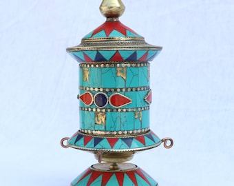 Tibetan Table Turquoise & Coral Inlaid Stone Prayer Wheel