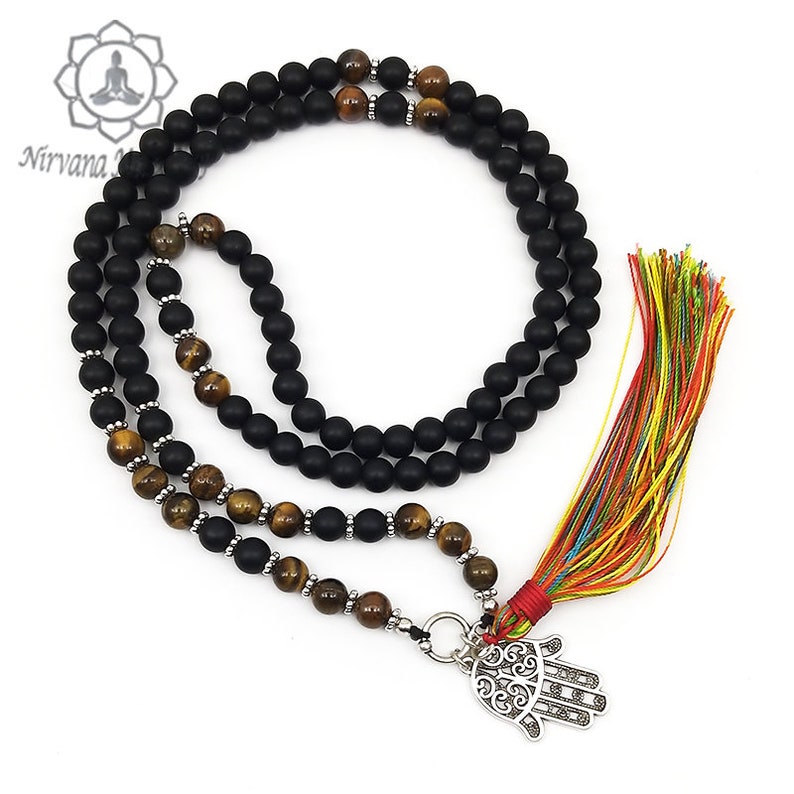 Matt Onyx /& Tiger/'s Eye Stone Mala with Palm Charm
