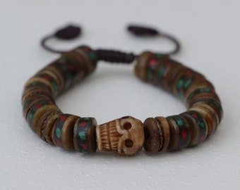 Skeleton Yak Bone Skull Wrist Mala/ Bracelet With Carved Coral & Turquoise Stone, Yoga Meditation Wrist mala