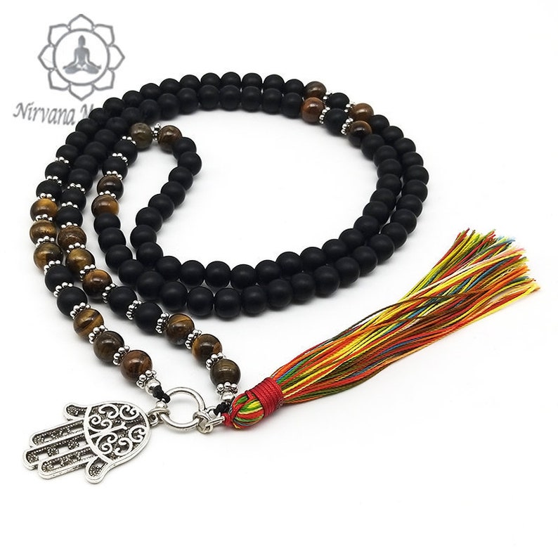 Matt Onyx /& Tiger/'s Eye Stone Mala with Palm Charm