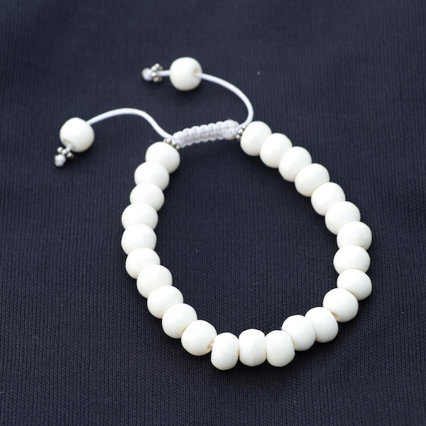 White Protection Natural Yak Bone Prayer Bead Wrist Mala/ Bracelet With Adjustable Stretchy String Protecting From Negative Energies