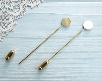 1 Pcs brass 65 mm gold boutonniere pin Brooch Stick Pins with 9 mm Base hat pin Holders Blanks 2,56 inch Brooch Base