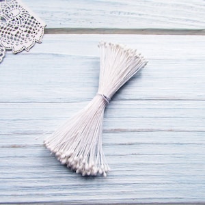 May include: A bunch of white floral wire stems with small white beads at the end. The stems are bundled together and tied with a white string.