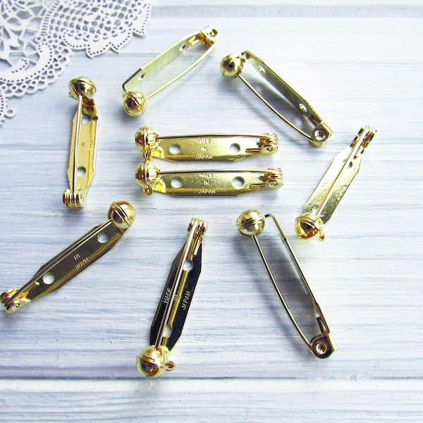 20 Pcs Brass 28 mm or Métal Broche Broche Serrure sûre 1,1 pouce Fabriqué au Japon Japonais Brooch Basis Findings Broche broche avec safety catch