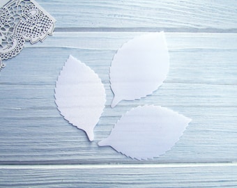 50 pcs Rose leaf, satin white, cut-out pre-starched leaves for artificial flowers making