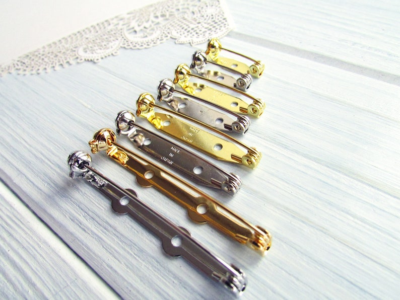 88 Pcs mix silver gold 20, 28, 35, 45mm Metal Brooch Pin Safe Lock Made in Japan Japanese Brooch Basis Findings Brooch pin with Safety Catch image 3