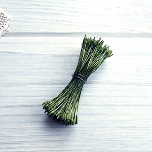 May include: A bunch of green floral stems with wire centers, tied together with a wire twist tie. The stems are arranged in a bundle on a white wooden surface.