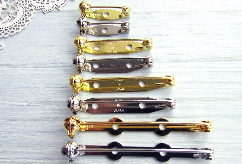 88 Pcs mix silver gold 20, 28, 35, 45mm Metal Brooch Pin Safe Lock Made in Japan Japanese Brooch Basis Findings Brooch pin with Safety Catch image 5