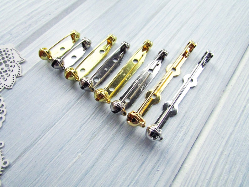88 Pcs mix silver gold 20, 28, 35, 45mm Metal Brooch Pin Safe Lock Made in Japan Japanese Brooch Basis Findings Brooch pin with Safety Catch image 4