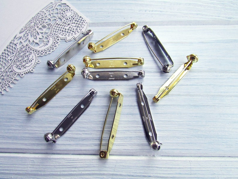 88 Pcs mix silver gold 20, 28, 35, 45mm Metal Brooch Pin Safe Lock Made in Japan Japanese Brooch Basis Findings Brooch pin with Safety Catch image 9