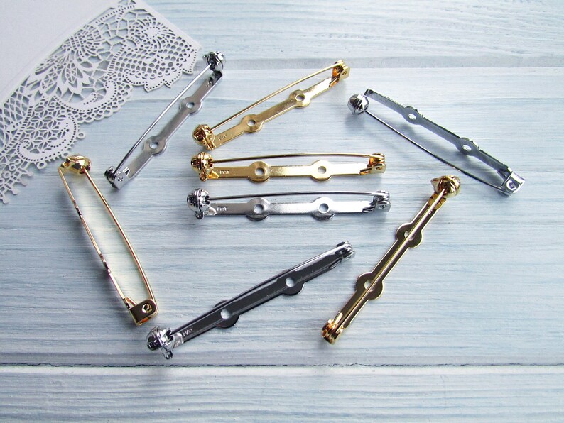 88 Pcs mix silver gold 20, 28, 35, 45mm Metal Brooch Pin Safe Lock Made in Japan Japanese Brooch Basis Findings Brooch pin with Safety Catch image 10