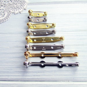 88 Pcs mix silver gold 20, 28, 35, 45mm Metal Brooch Pin Safe Lock Made in Japan Japanese Brooch Basis Findings Brooch pin with Safety Catch image 1