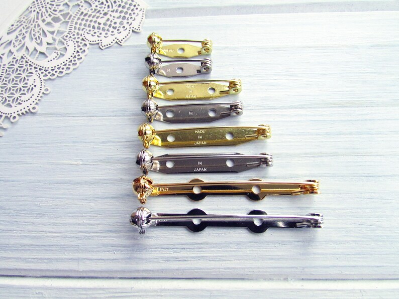 88 Pcs mix silver gold 20, 28, 35, 45mm Metal Brooch Pin Safe Lock Made in Japan Japanese Brooch Basis Findings Brooch pin with Safety Catch image 1