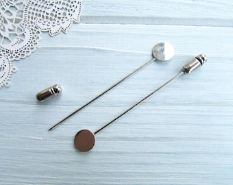 1 Piezas de latón 65 mm plata boutonniere pin Broche Stick Pins con 9 mm Base hat pin Soportes Espacios en blanco 2,56 pulgadas Broche Base