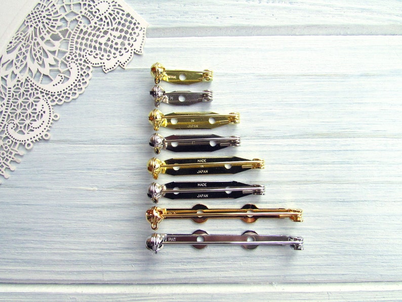 88 Pcs mix silver gold 20, 28, 35, 45mm Metal Brooch Pin Safe Lock Made in Japan Japanese Brooch Basis Findings Brooch pin with Safety Catch image 2