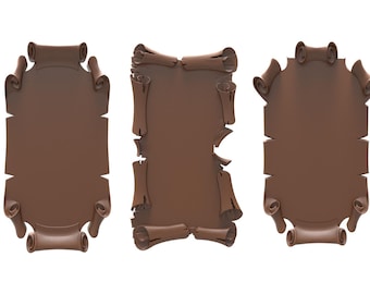May include: Three brown scroll-shaped frames with a blank space in the centre. The frames are made of a textured material that looks like leather or parchment.