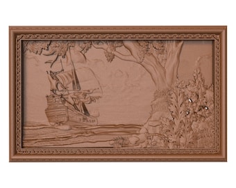 May include: A framed wood carving of a ship sailing on the ocean with a tree and foliage in the background.