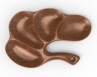 May include: A wooden serving tray with three separate compartments and a handle. The tray is made of dark brown wood with a natural grain pattern.