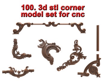 May include: A set of 100 3D STL corner models for CNC. The models are in a brown wood finish and feature intricate designs. The models are perfect for creating decorative elements for furniture, home decor, and more.